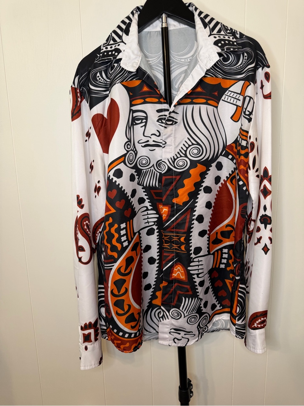 Silky Playing Card King Print Button-Up Shirt - White, Black, Rust